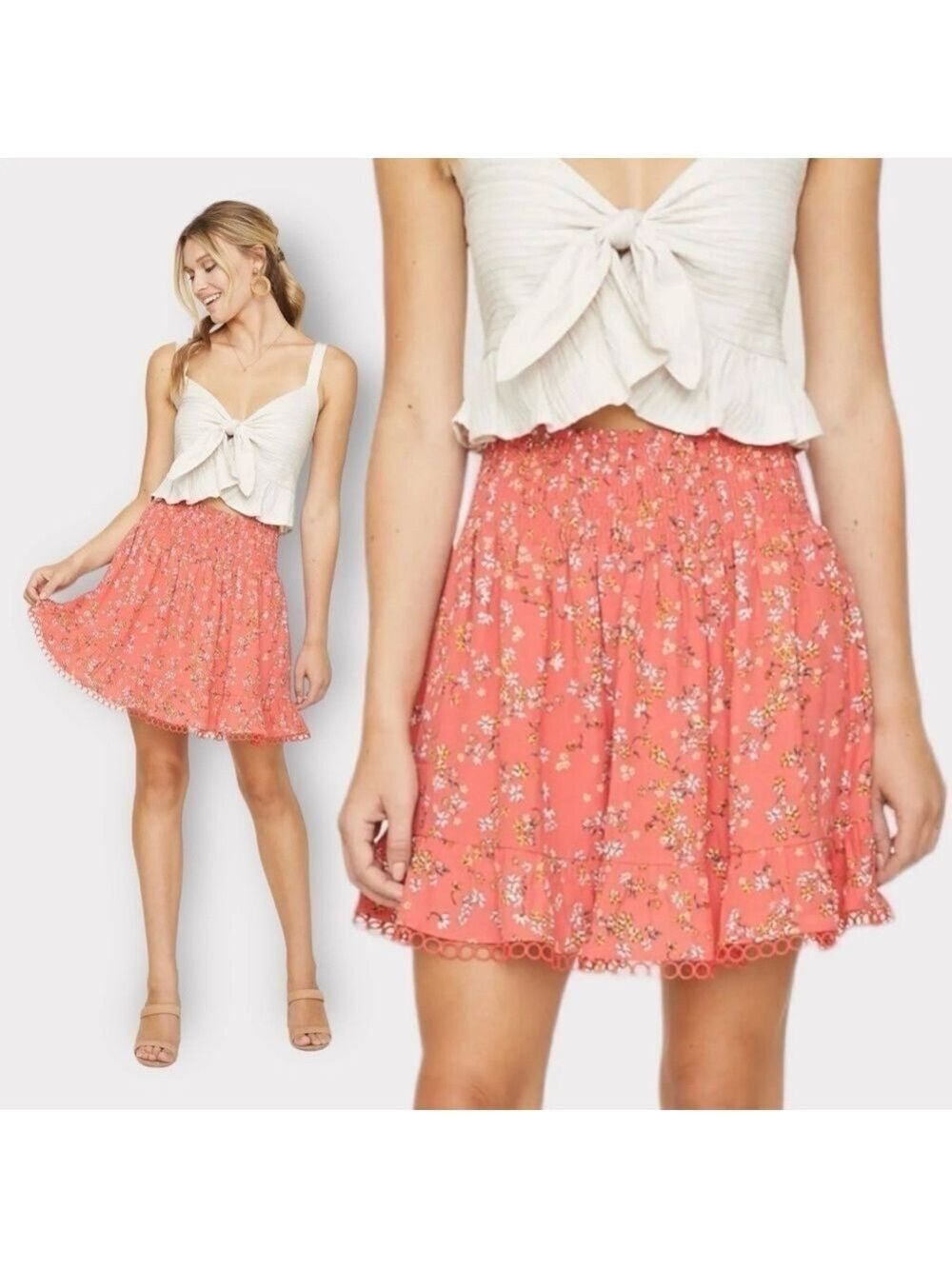 Lost+Wander NEW Everyday Adventures Mini Skirt Medium Coral Floral Coquette Boho